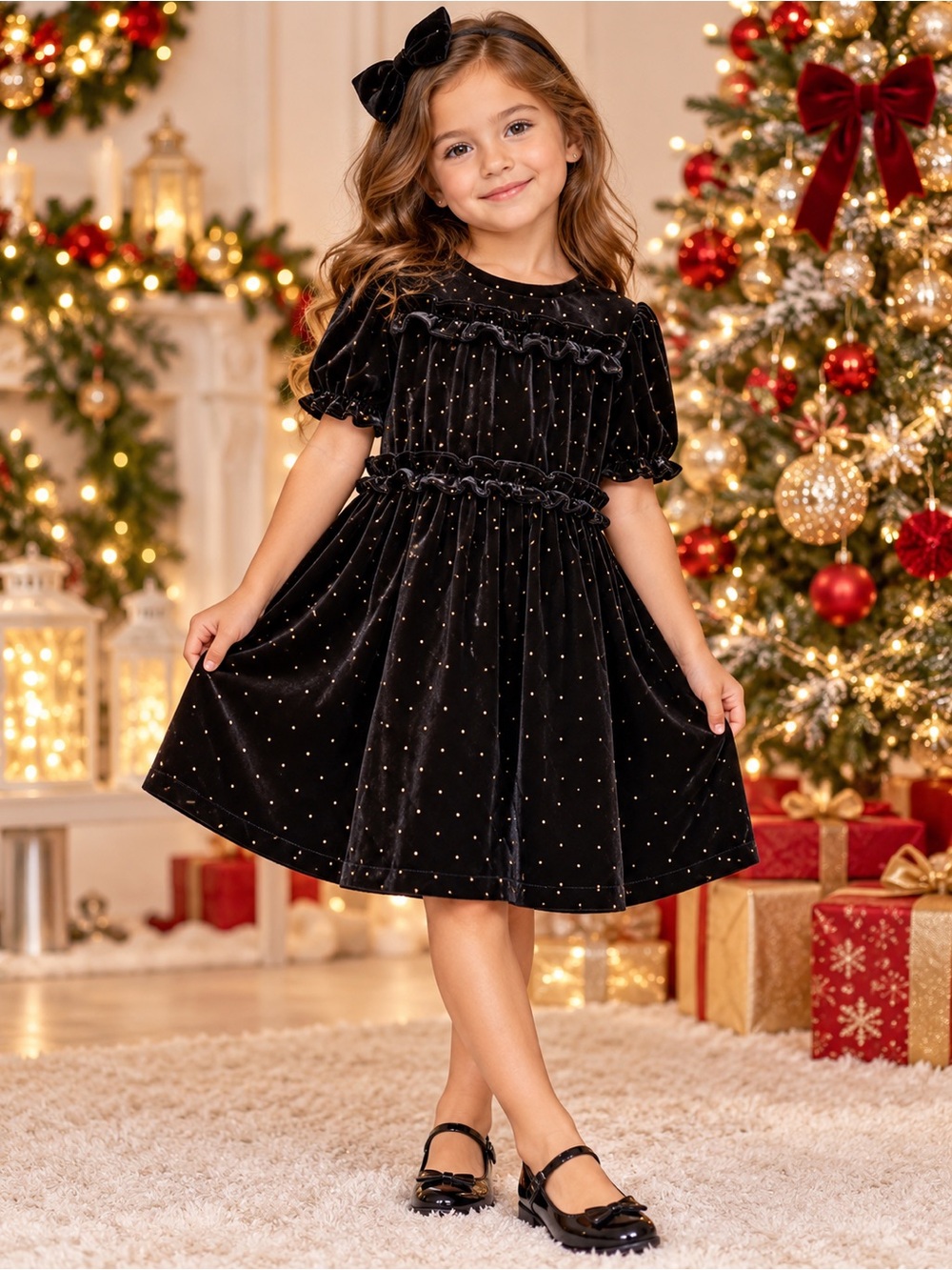 CREWCUTS Girls Black Velvet Metallic Stud Ruffle Holiday Dress